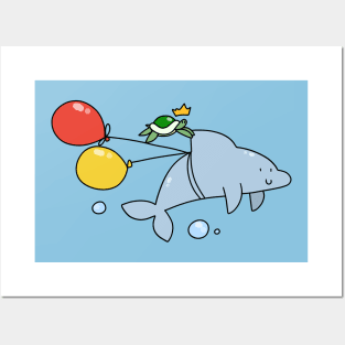 Turtle and Dolphin with Balloons Posters and Art